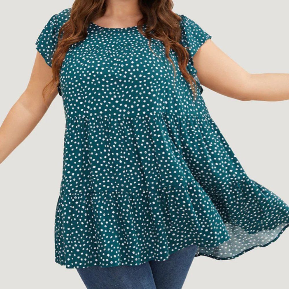 Allover Print Cap Sleeve Ruffle Hem Gathered Blouse